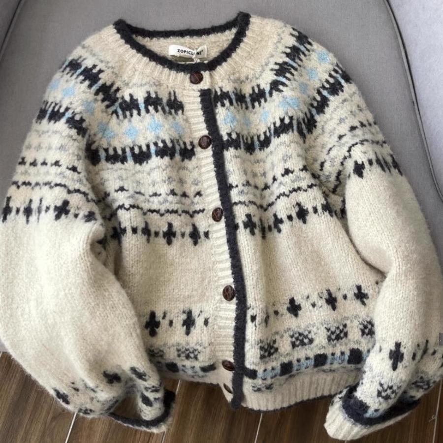Retro Jacquard Round Neck Knitted Cardigan Women's Autumn Thickened Single-Breasted Loose Fair Isle Sweater Jacket