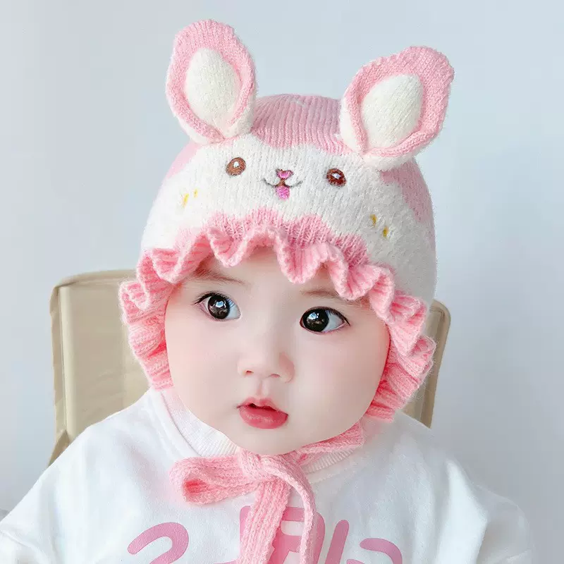 新款婴儿帽子秋冬款可爱男女宝宝女童新生儿针织毛线兔子耳朵帽子