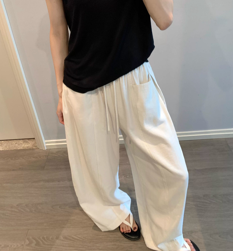 Quần culottes nữ ống rộng cạp thun dây rút vải linen mùa hè — màu đen, màu trắng ngà chi tiết 7
