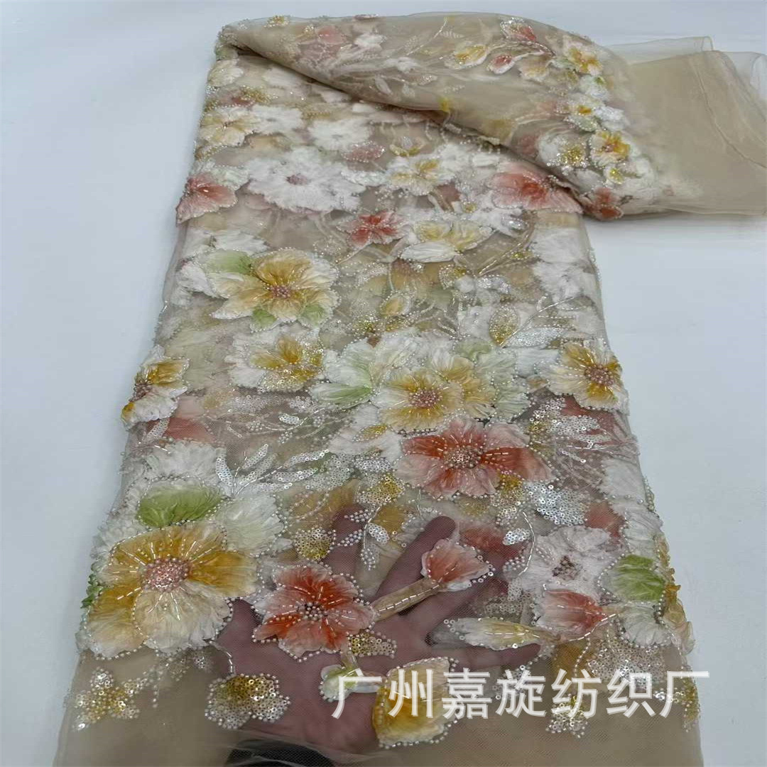 Comercio exterior impresión láser decal tridimensional tela de malla tubo de perlas sequin bordado vestido vestido de mujer tela bordada