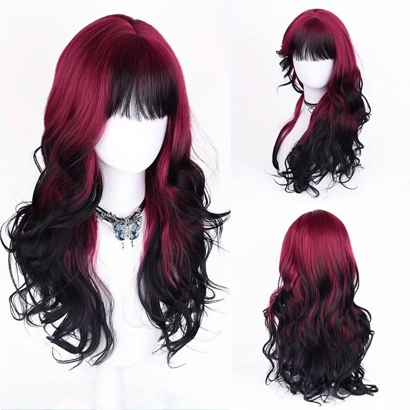European and American Wigs for Women with Long Curly Hair, Gradient Black and Red Gothic Style Big Wave Headgear, Fashionable Artificial Hair Headgear