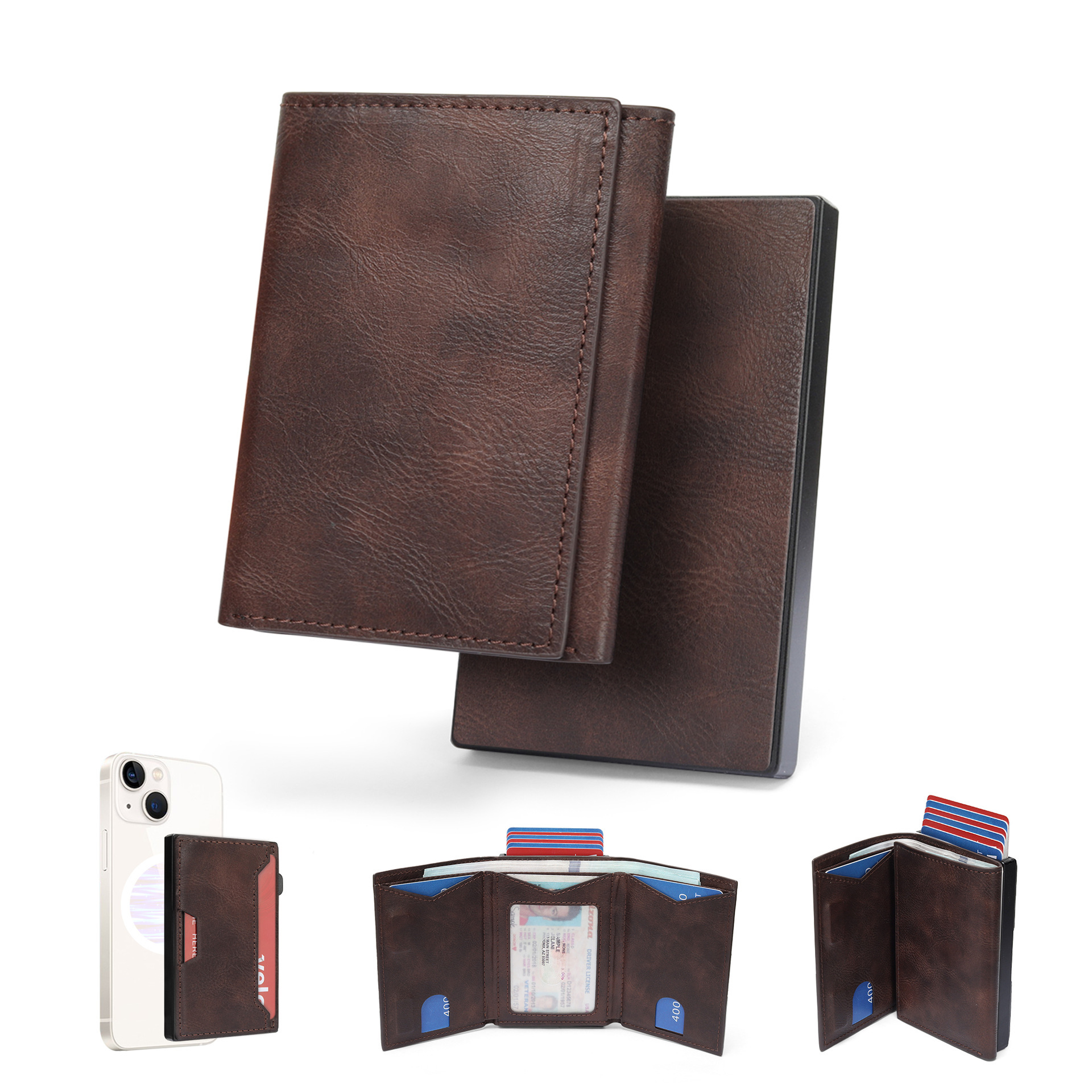 Amazon 2 - en - 1 cartera multifuncional simple metal tarjeta de absorción RFID anti-damagnetismo cartera de cuero para hombres