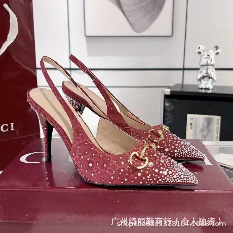 European and American Foreign Trade Vintage-Style Back-Strap High-Heeled Double g Diamond Pointed-Toe Sandals, Large Size High Heels, Cross-Border Wholesale