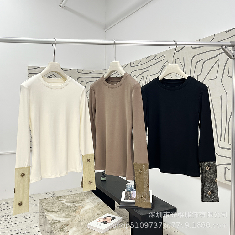 Shenzhen Nanyou Niche New Product Spliced ​​Mesh Beaded Elastic Bottoming Shirt