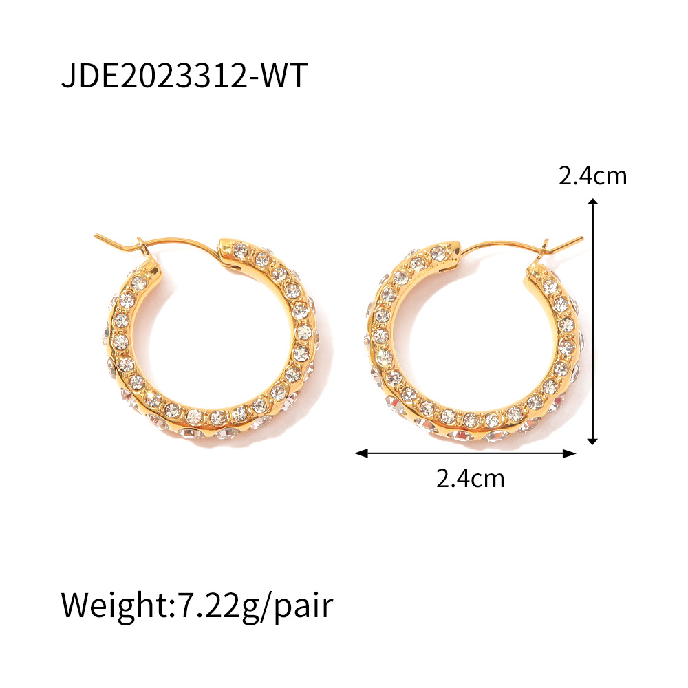 Fashion Geometric Stainless Steel Gold Plated Rhinestones Hoop Earrings 1 Pair