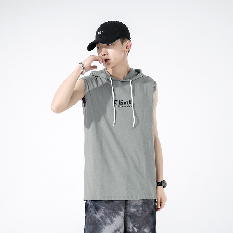 T-shirt canotta in puro cotone di marca trendy per l'estate 2023 senza maniche da uomo con top sportivo con cappuccio per uomo_voghion.com