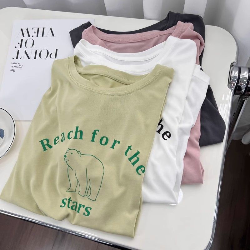 Slimming Modal Loose T-shirt with White Letters Printed Round Neck Thin Cool All-match Short-sleeve Top for Women Slimming Modal Loose T-shirt with White Letters Printed Round Neck Thin Cool All-match Short-sleeve Top for Women