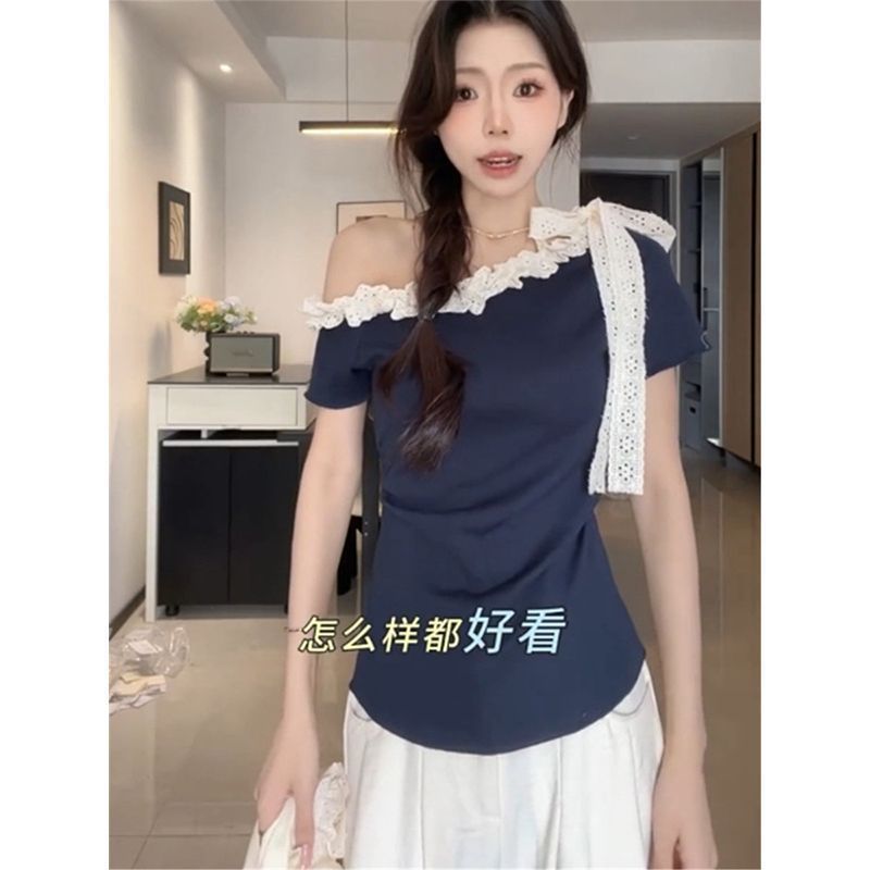 大码蕾丝边露肩系带飘带短袖T恤女夏季新款胖mm修身显瘦遮肚上衣|undefined