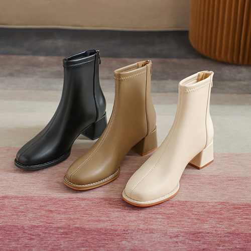 Fuhao Thick Heel Internet Celebrity Short Boots Women's Soft  New High Heel Boots Back Zipper Round Toe Fashion Women's Boots Leather Boots