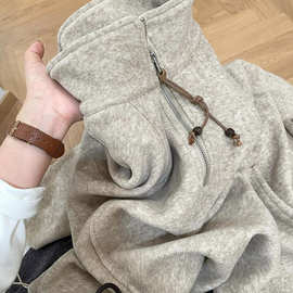 大码胖mm300斤美式复古半拉链立领卫衣女秋冬加绒宽松显瘦休闲