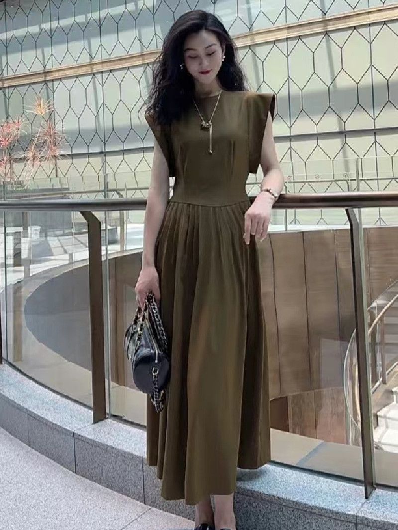Đầm maxi nữ thắt eo phong cách Hepburn cổ điển không tay — Màu đen