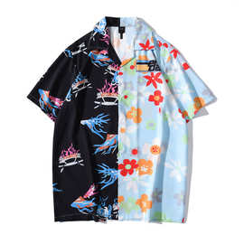 vintage花衬衫复古油画夏威夷短袖衬衣男潮牌潮流宽松古巴领跨境