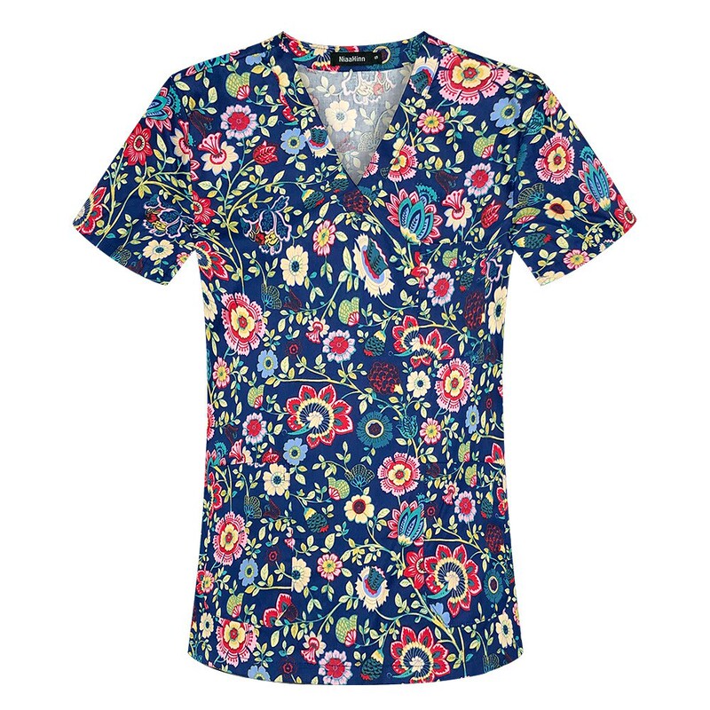 Printed T-shirt Short-sleeved V-neck Dental Hand-washing Clothes Beauty Salon Pet Doctor Nurse Pocket Work Clothes for Women