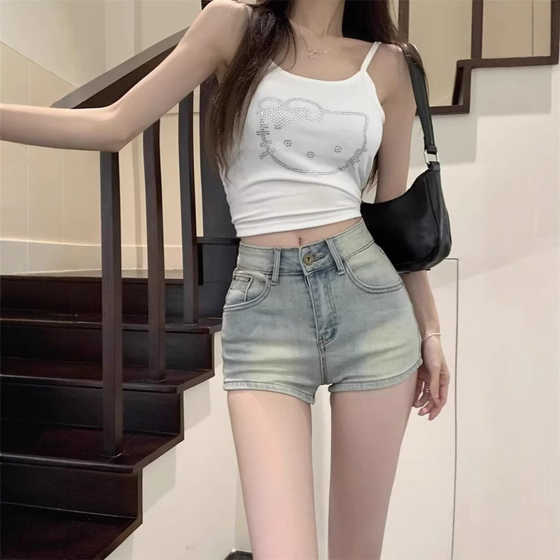Trendy European and American Style Hot Pants Denim Shorts High-Waisted Petite Long-Leg Tight Hot Pants