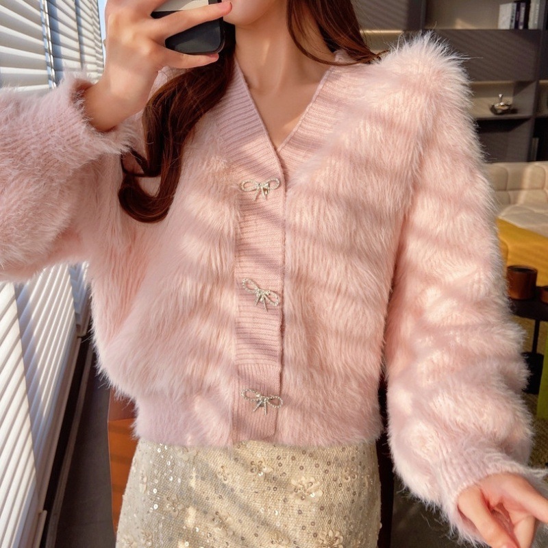Autumn and Winter New Soft Waxy V-neck Bow Coat Sweet Exquisite Knitted Sweater Women's Korean Imitation Mink Sweater Cardigan