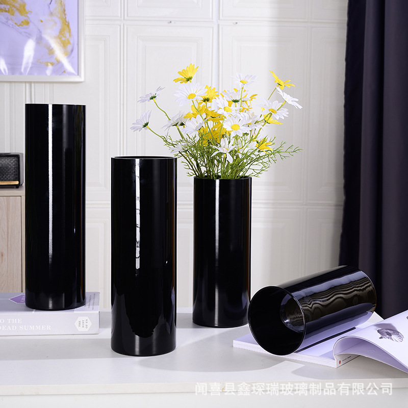 European Style Retro Black Straight Glass Vase Cylindrical Floor Hotel Road Guide Hydroponic Rich Bamboo Black Vase