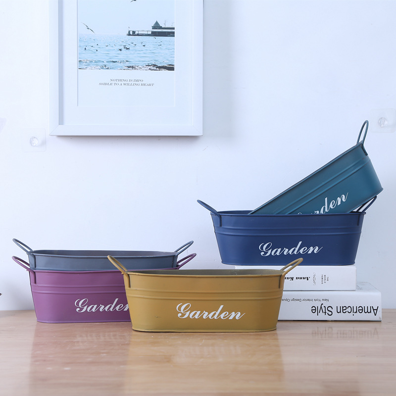 复古怀旧铁艺多肉花盆创意阳台装饰盆做旧铁皮桶椭圆花盆双耳铁盆