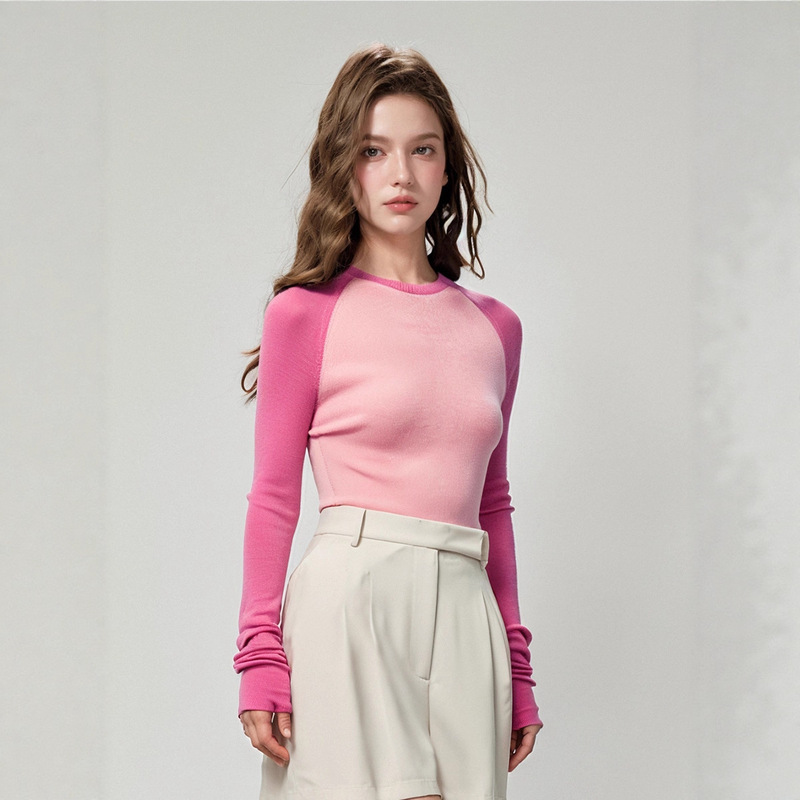 Uzzo2025 Autumn and Winter Merino 120S Worsted Wool One-Line Ready-To-Wear Contrasting Color Design Round Neck Knitted Bottoming Shirt