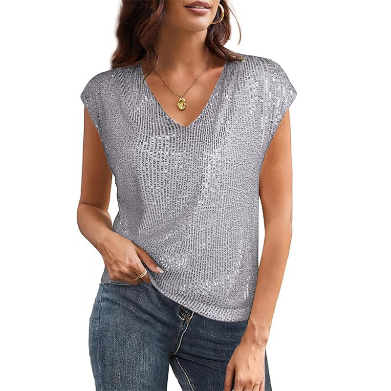 Amazon 2025 European and American Foreign Trade Cross-border Independent Station V-Neck Sequin Short-sleeved Women's Shiny Vest Party Shirt