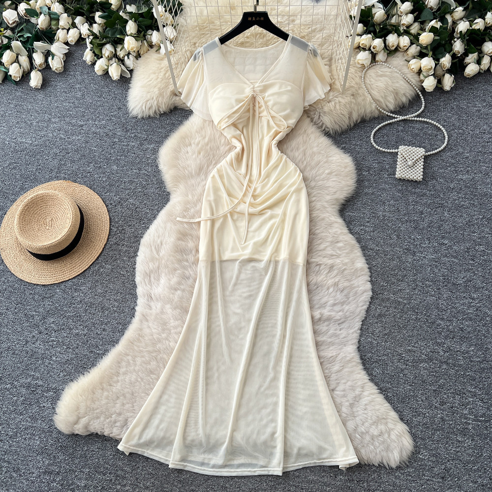 Elegant Red Short Sleeved Dress for Women Korean Style Pleated A-Line Long Skirt Sophisticated Flattering Slimming Work Dress_ecoleips.com