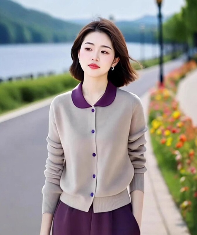 中老年妈妈穿搭一整套高级感撞色翻领针织衫+休闲气质裤子两件套|undefined