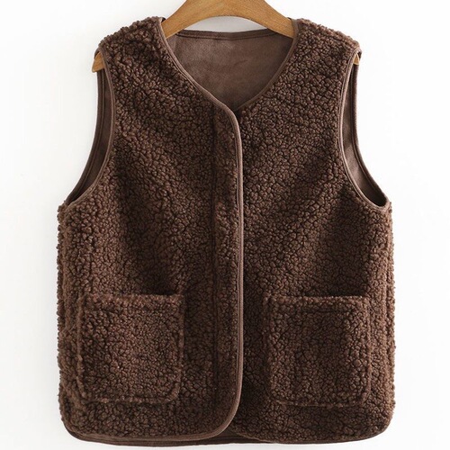 Spring and Autumn New Plush Velvet Cardigan for Women, Outerwear Backless Vests, Beige and Cream Colors