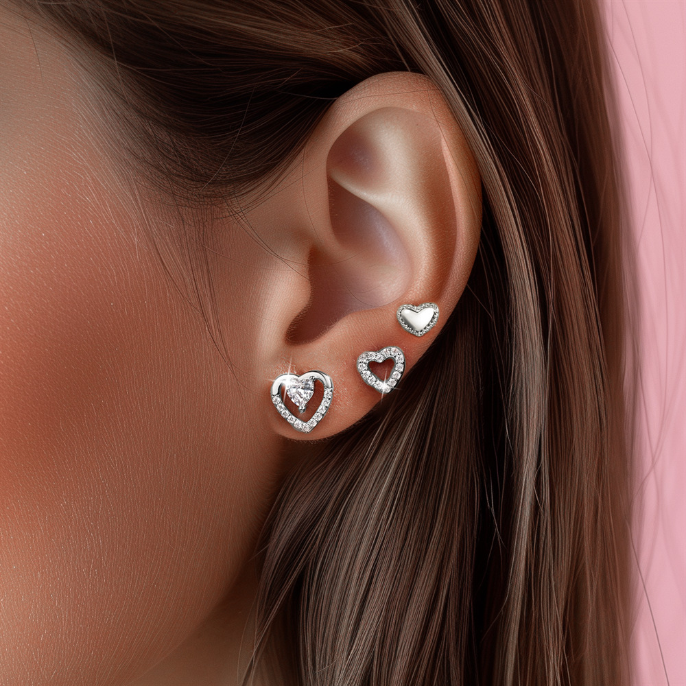 3 Pieces Set Quantity 3 Pieces Set 925 Sterling Silver Zircon Heart Shape Ear Studs