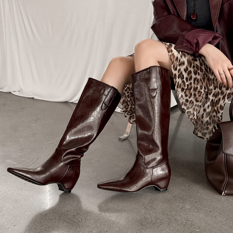 2025 New Genuine Leather Boots Autumn and Winter Fleece-Lined Knee-High Wedge Heels Burgundy High Boots Knee-High Knight Boots
