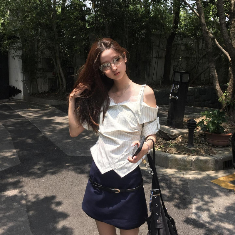 Korean-Style Fashion Striped Short-Sleeve Women's Summer Lace Patchwork Adjustable Strap T-Shirt Design Shirt Top Korean-Style Fashion Striped Short-Sleeve Women's Summer Lace Patchwork Adjustable Strap T-Shirt Design Shirt Top