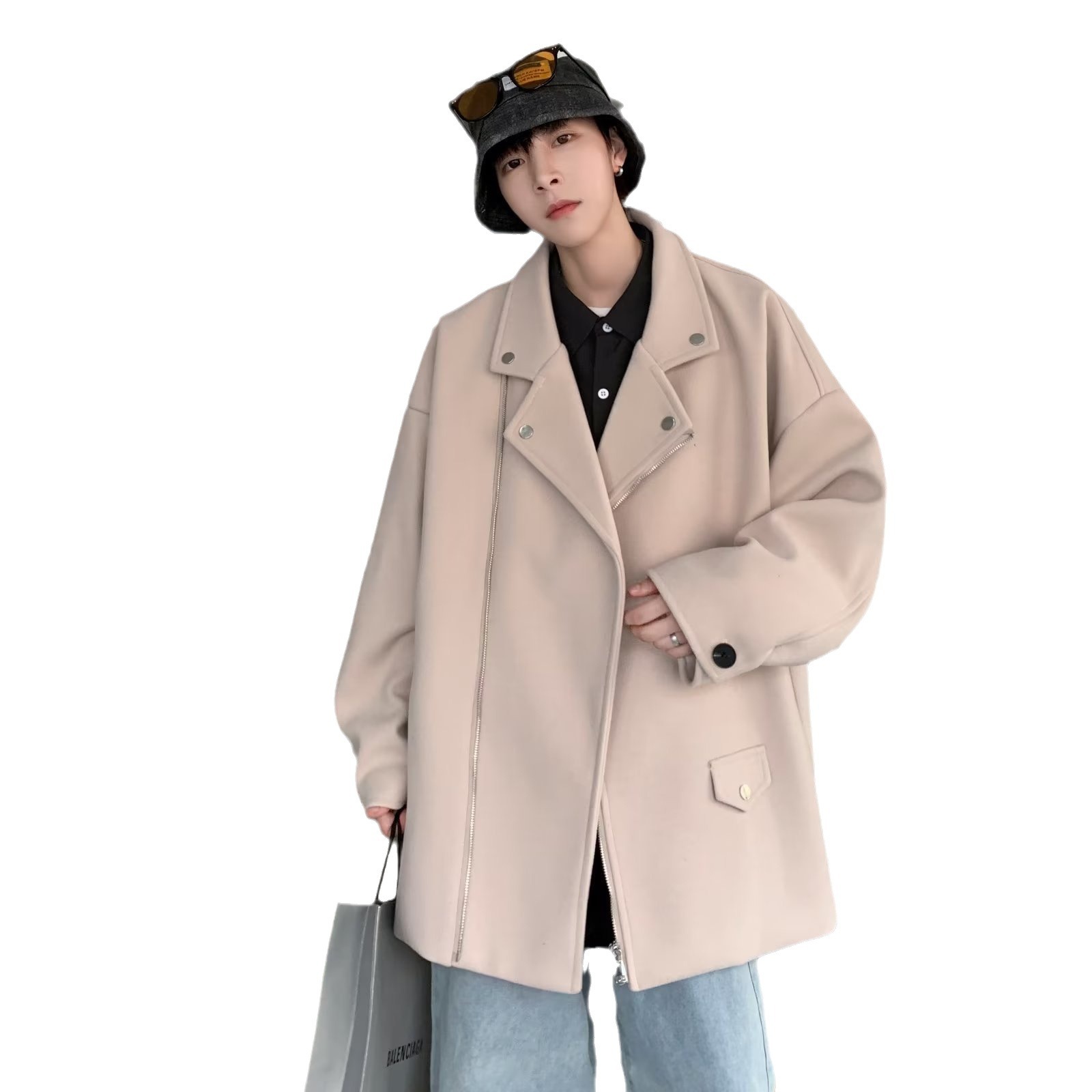 Acha y Agu abrigo de lana con bolsillo azul para hombres tendencia de invierno nueva pareja chaqueta de lana suelta