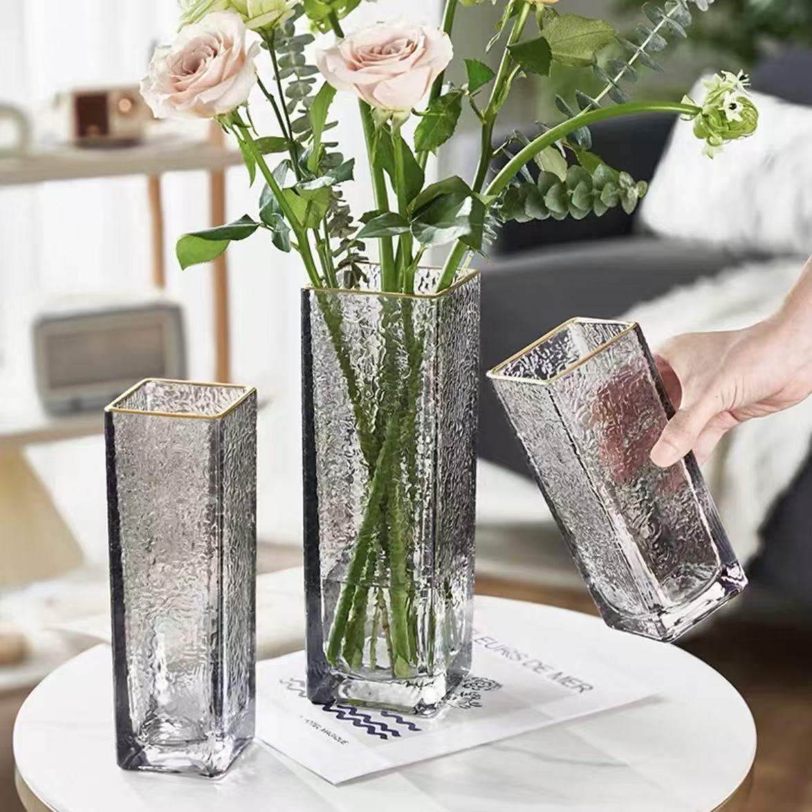 Nórdico simple dibujo de oro Phnom Penh gran jarrón de vidrio rico bambú flores hidropónicas ornamentos simples y modernos