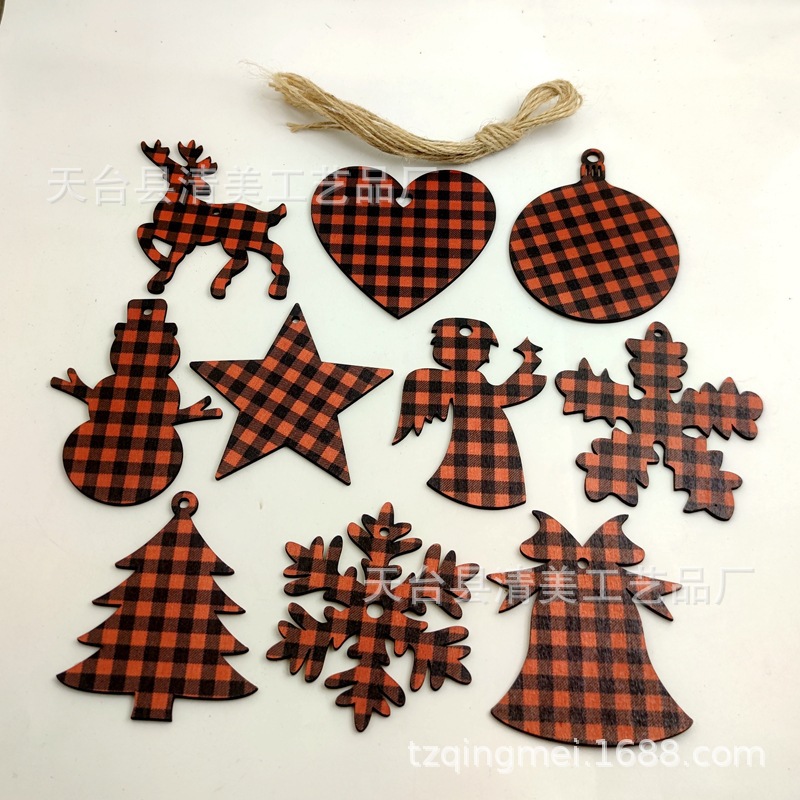 33 piezas de madera de la serie navideña a cuadros negros anaranjados colgante de decoración navideña se pueden combinar libremente 10 piezas en un paquete