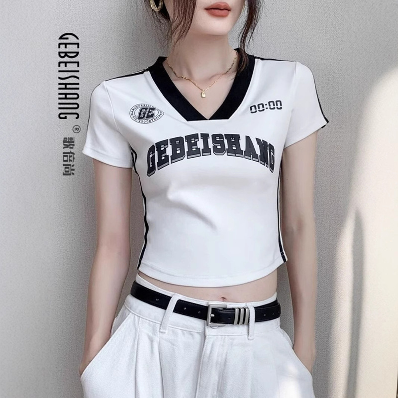 American Summer Style Age-Reducing Sweet Sexy Sports Style Letter Contrast Color V Neck Right Shoulder T-Shirt Women's Tight Short Top American Summer Style Age-Reducing Sweet Sexy Sports Style Letter Contrast Color V Neck Right Shoulder T-Shirt Women's Tight Short Top