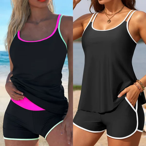 2026 European and American Amazon Tankini New Color-Blocked Double-Strap Split Bikini Plus-Size Conservative Swimsuit for Women