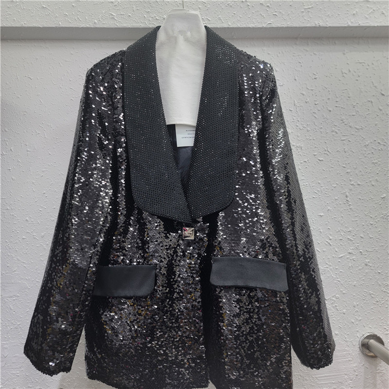 Saco de Vestir Negro Holgado con Lentejuelas de Algodón y Poliéster para Primavera