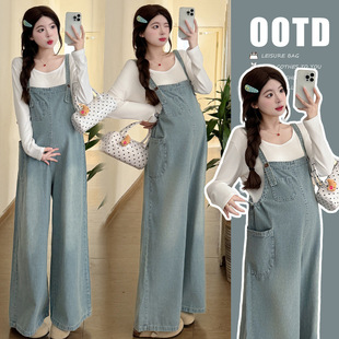 Real shot in stock 2025 spring new maternity clothes Korean casual Denim suspenders modal T suit