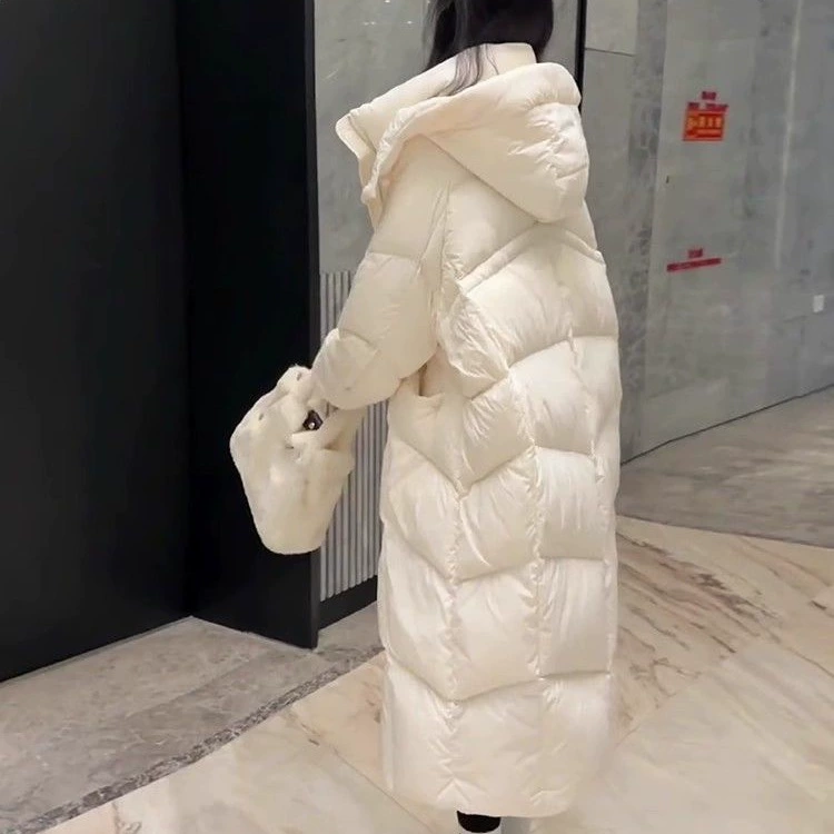 Long down jacket, Korean style, teen fit, hooded, off‑white or black