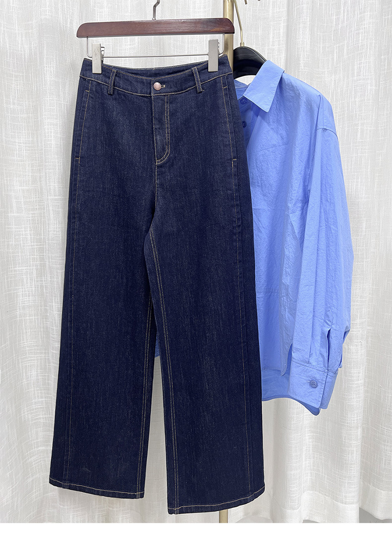 Quần jean ống rộng nữ eo cao denim đường chỉ tương phản — màu denim chi tiết 1