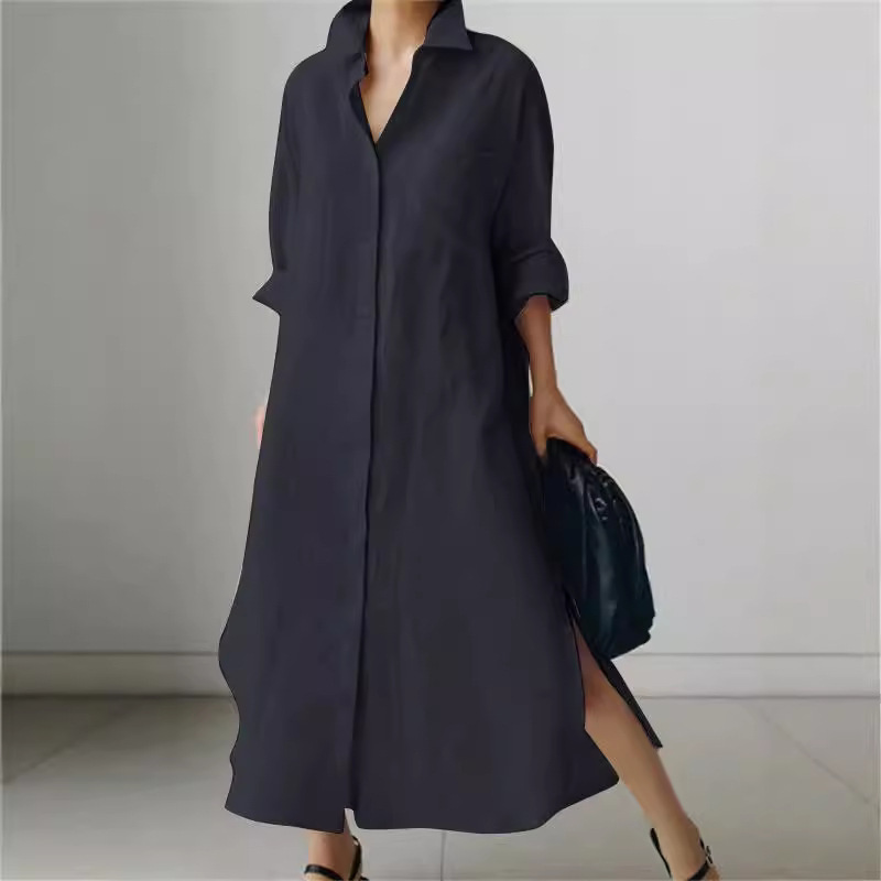 2024 Spring and Autumn Cross-border Solid Color Women's Solid Color Long Sleeve Split dress Fashion All-match Elegant