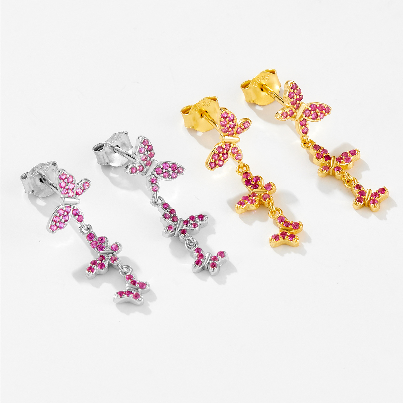 925 Sterling Silver Ear Needle Material 1 Pair 18K Gold Plated 925 Sterling Silver Zircon Butterfly Drop Earrings