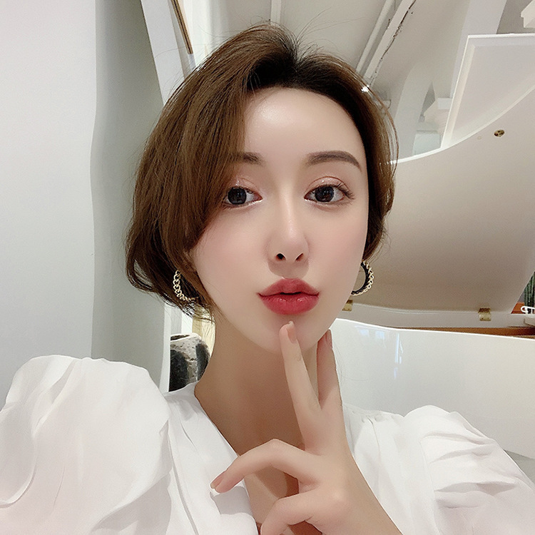 Korean version of metal chain black leather ear hoop earrings