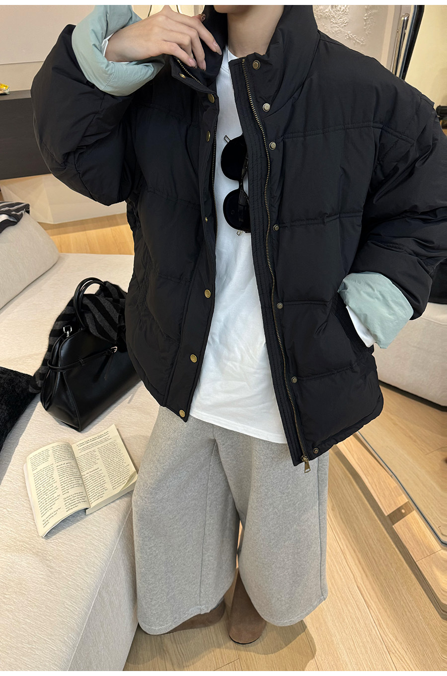黎诺韩系休闲拼色白鸭绒羽绒服女2024冬季新款立领宽松面包服外套详情21