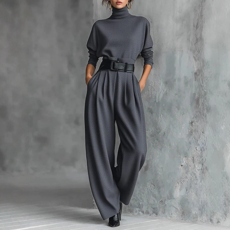 Women's Clothing Women's High Neck Long Sleeve Trousers Set High Waist With Belt Casual Stylish Spring Autumn Suit Style_ecoleips.com