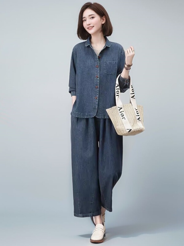 Women's Denim Suit for Spring and Autumn 2026 New Style Mom Outfit Elegant Fashionable Casual Loose Wide-Leg Pants Stylish Two-Piece Set Women's Denim Suit for Spring and Autumn 2026 New Style Mom Outfit Elegant Fashionable Casual Loose Wide-Leg Pants Stylish Two-Piece Set