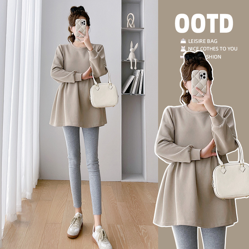 2023 Autumn Maternity Wear Babydoll Shirt Autumn and Winter Sweatshirt Korean Style Round Neck Loose Top with Fleece Option 2023 Autumn Maternity Wear Babydoll Shirt Autumn and Winter Sweatshirt Korean Style Round Neck Loose Top with Fleece Option