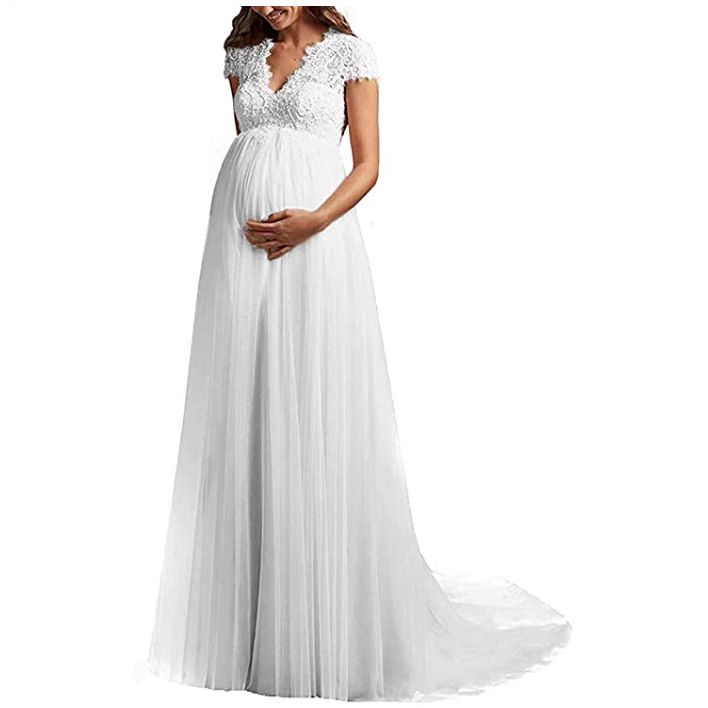 Maternity Wedding Dress with High Waist, Large Size, European and American Lace, Forest Style, Small Train, White, Amazon Cross-Border Gown for Wedding