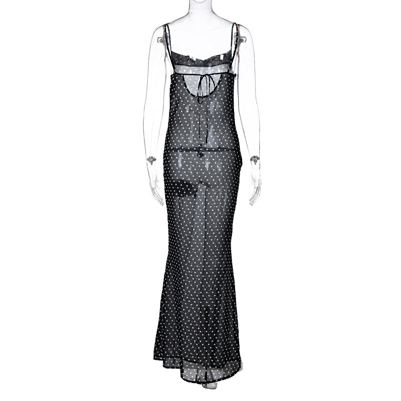 Stile europeo e americano, sexy, modello autunno 2025, abito lungo con lacci posteriori trasparenti in rete, all'ingrosso per_voghion.com