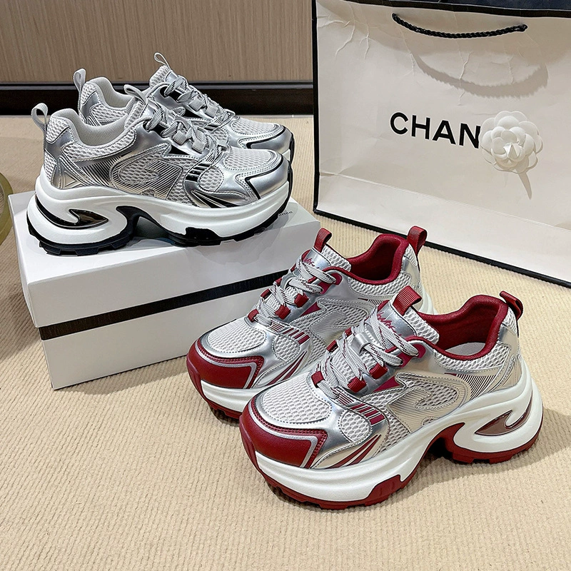2025 Весенняя обувь папы с толстой подошвой новая сетчатая поверхность дышащая мода серебряные увеличенные повседневные кроссовки приливная обувь