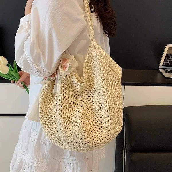 Creative Hollow-Out Beach Straw Bag, Casual Everyday Versatile Woven Bag, Large Capacity Handbag and Shoulder Bag