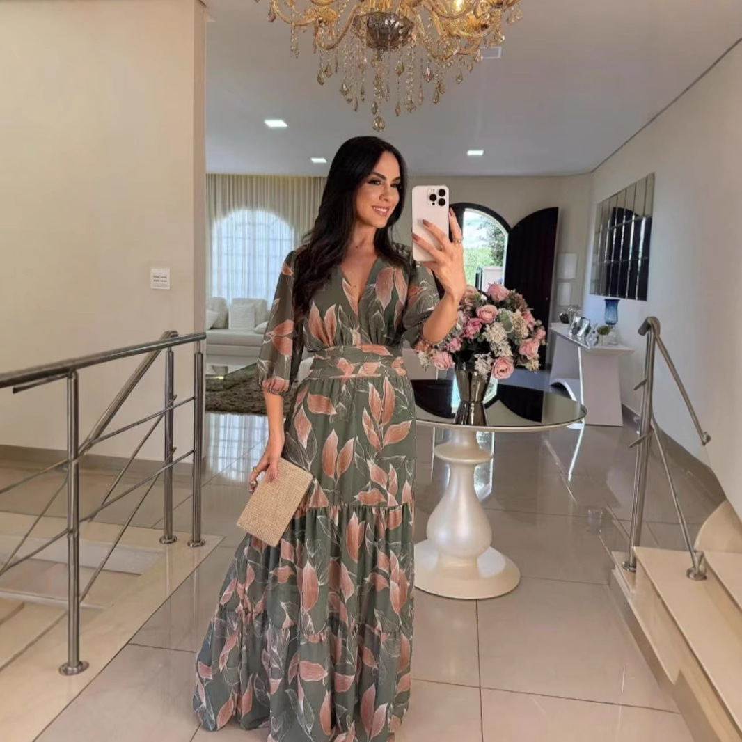 Women's Summer Long Dress V Neck Fashionable Elegant Printed New_ecoleips.com